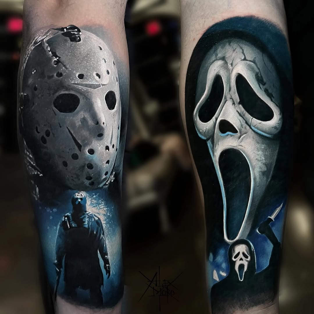 Horror movie villain masks tattooed on forearms with atmospheric blue-grey shading and detailed realism.