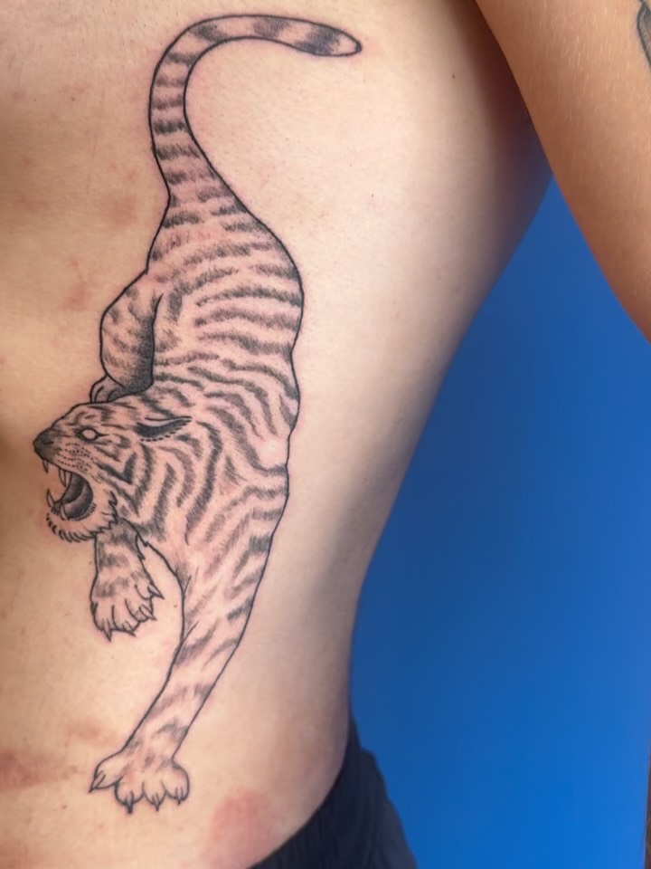 Tiger descending vertically on ribs with striped patterns and open mouth, rendered in black and grey shading.