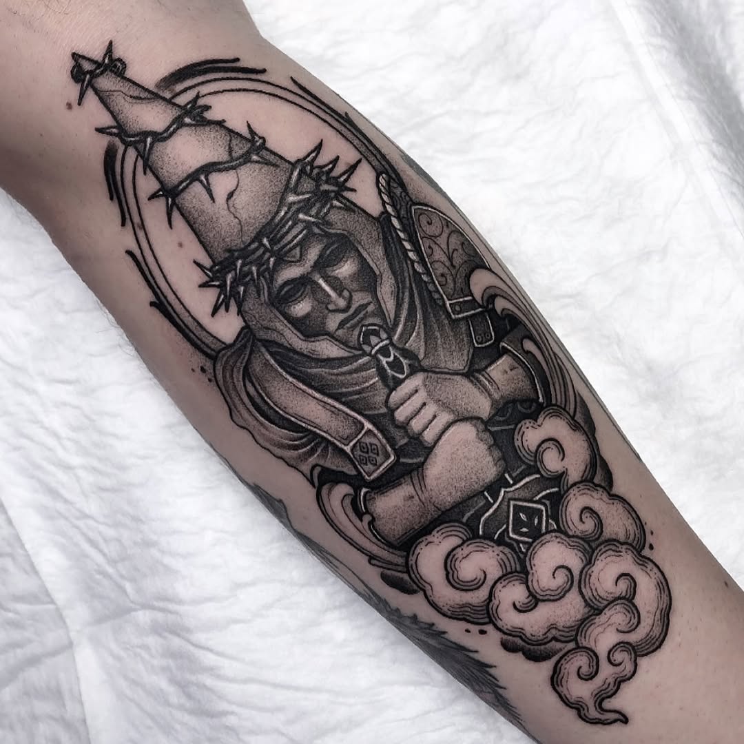 A demonic figure with horns and spiky crown sits on clouds, holding a trident, rendered in black and grey shading on the forearm.