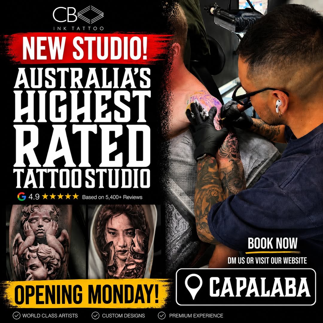 Tattoo artist applying black and grey portrait tattoo to client's shoulder, featuring realistic shading and soft gradients.