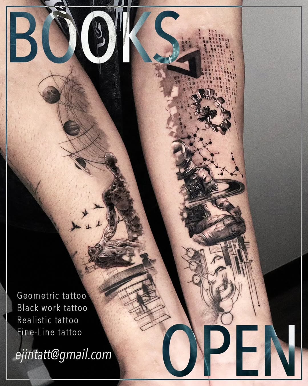Two arms display intricate black and grey tattoos featuring planetary systems, anatomical hearts, dispersing particles, and geometric patterns in realistic shading.