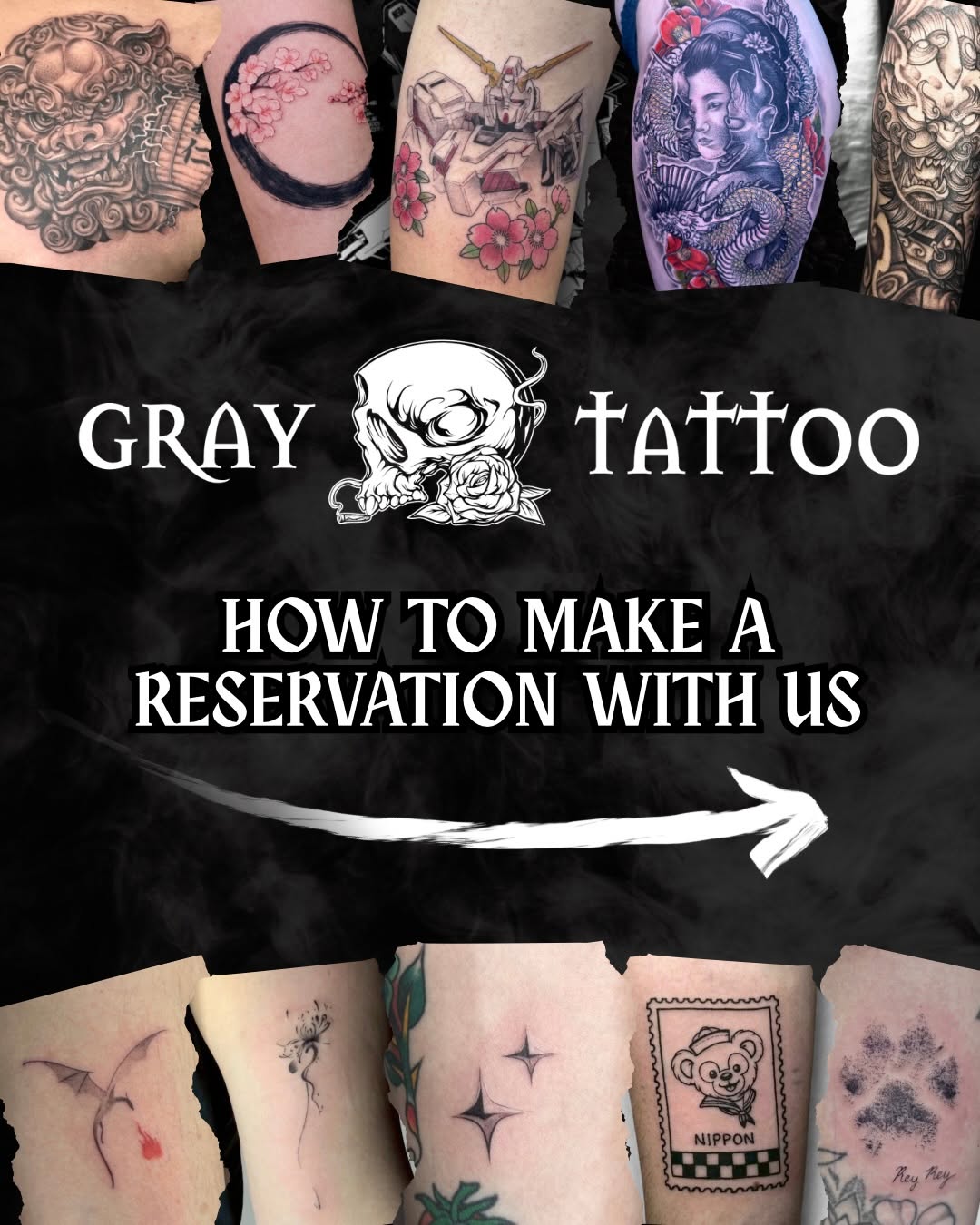 Collage of ten black and grey tattoos displayed on various body parts, featuring portraits, florals, animals, and geometric designs with soft shading.