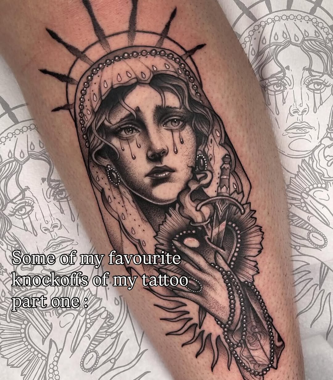 Black and grey portrait tattoo of a woman with halo and teardrop details on upper arm, with sketch references visible.