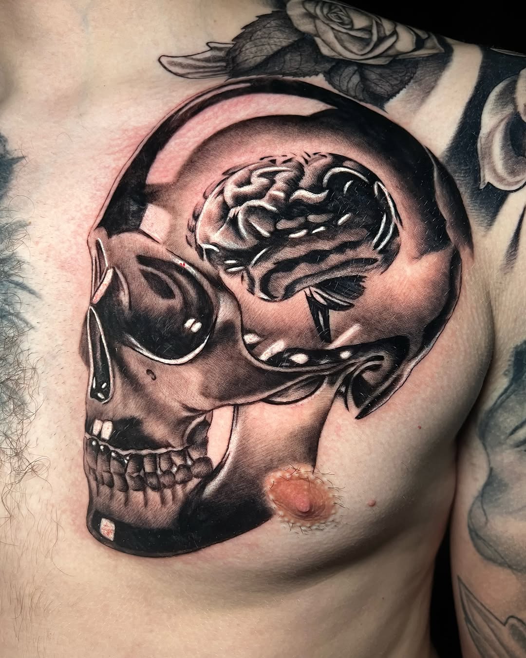 Anatomical skull with visible brain in cross-section, rendered in black and grey with smooth shading on the chest.