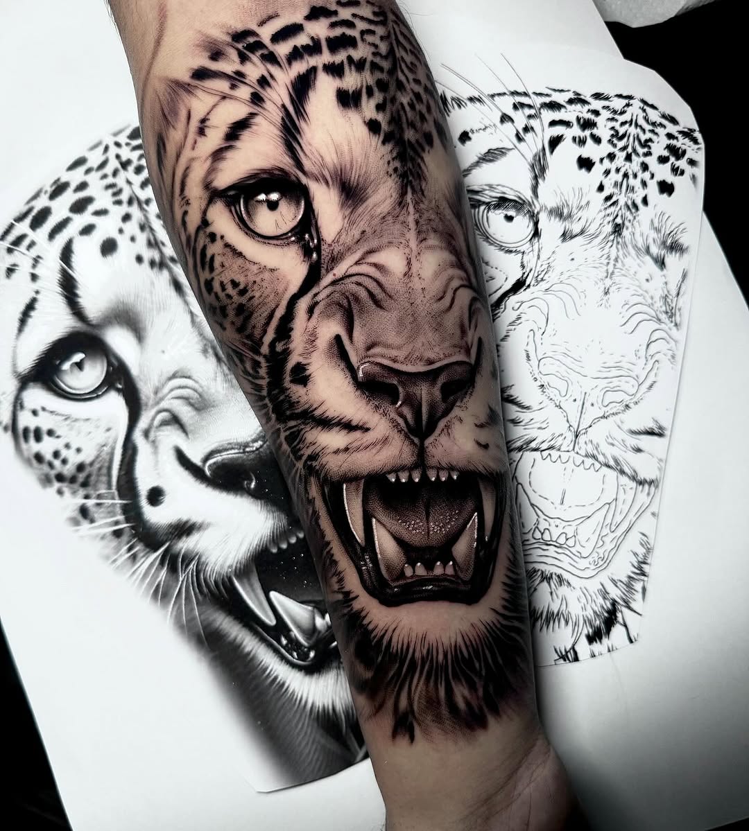 Three angry snow leopard heads with detailed fur and snarling expressions tattooed on an arm in black and grey with smooth shading.