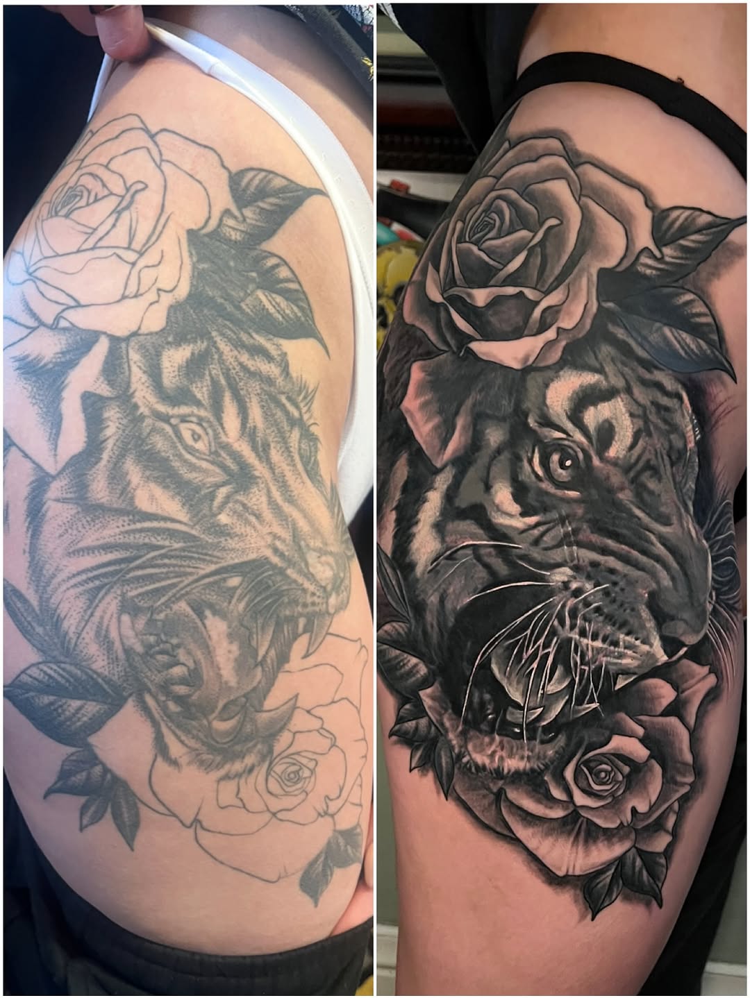 Black and grey shoulder tattoo featuring a rose above a tiger's face with smaller roses below, demonstrating realistic shading and detail work.