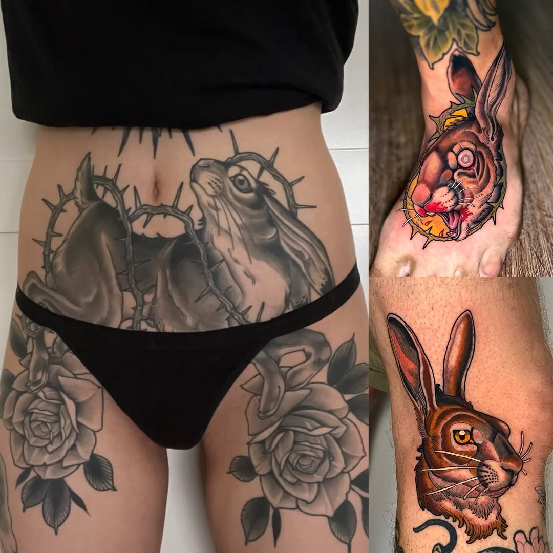 Black and grey rabbit with crown of thorns on lower back and hip, rose flowers on upper thighs, worn under black underwear.