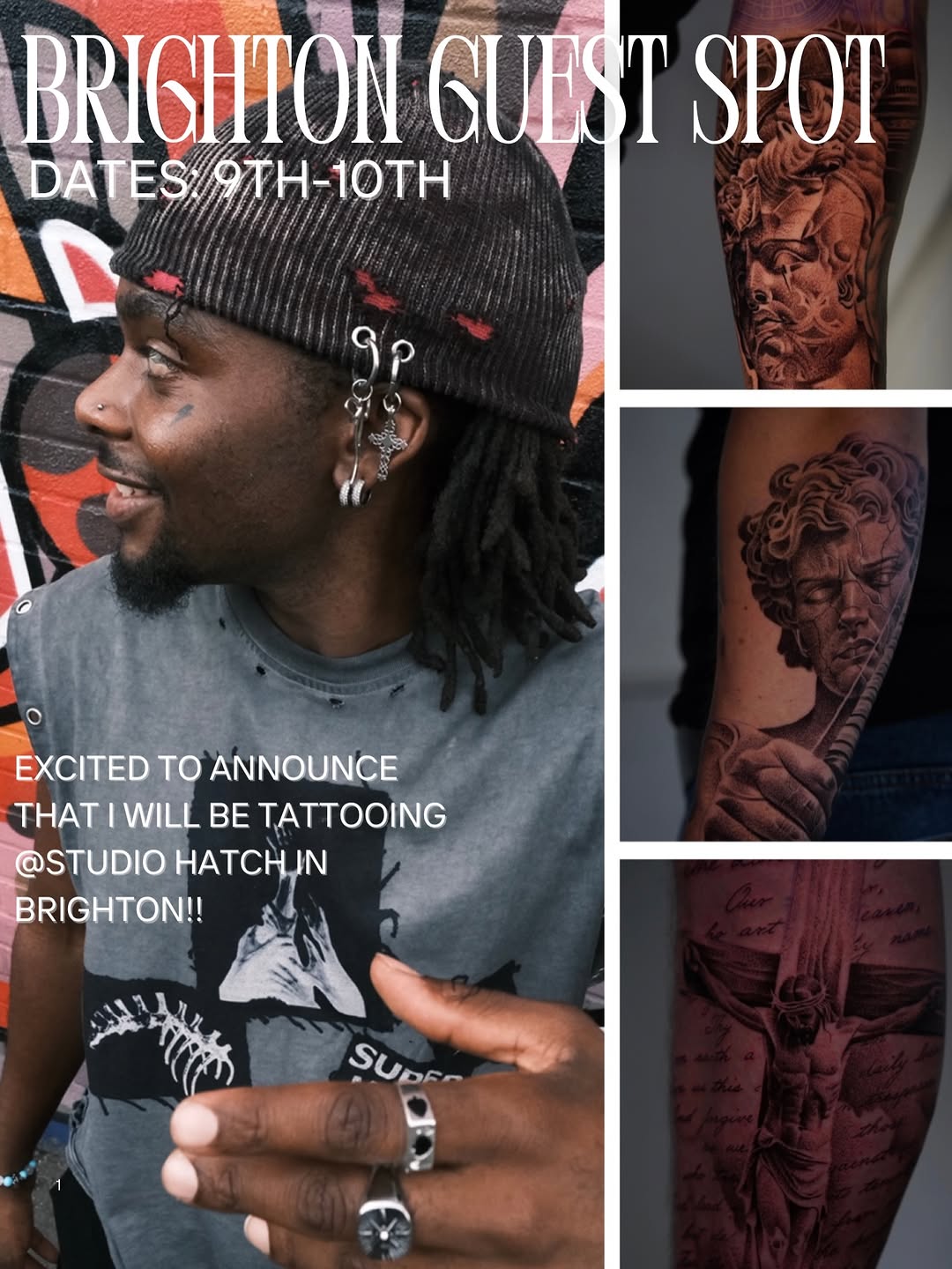 Classical male bust portrait tattoo with curly hair and beard on upper arm, rendered in black and grey with soft shading.