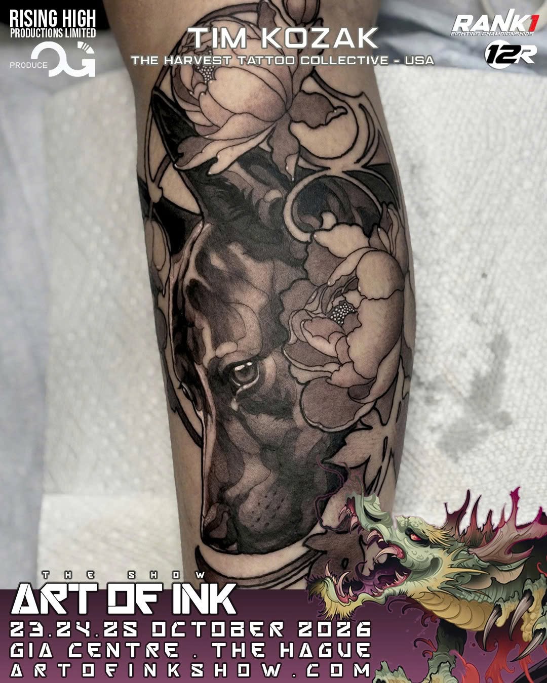 Black and grey leg tattoo featuring a detailed wolf head with floral peonies and botanical elements, demonstrating realistic shading and soft gradients.