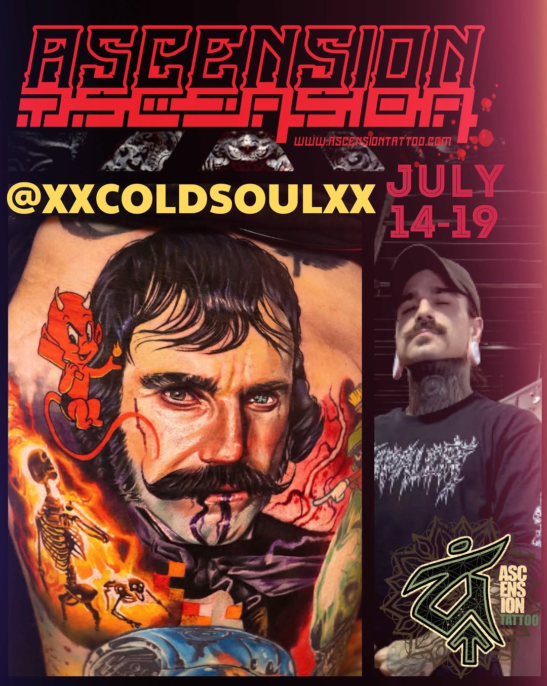 Portrait tattoo of bearded man's face with red demon and fire imagery on upper arm, black and grey shading.